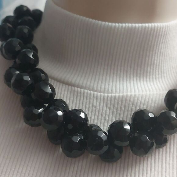 Vintage Black Faceted Glass Cluster Beads Knights Link Toggle Necklace Heavy - Picture 4 of 6